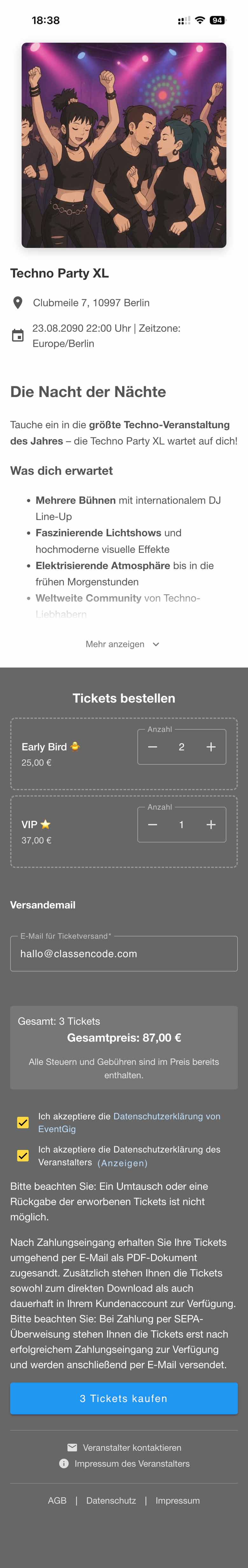 Ticketshop Mobile-Ansicht