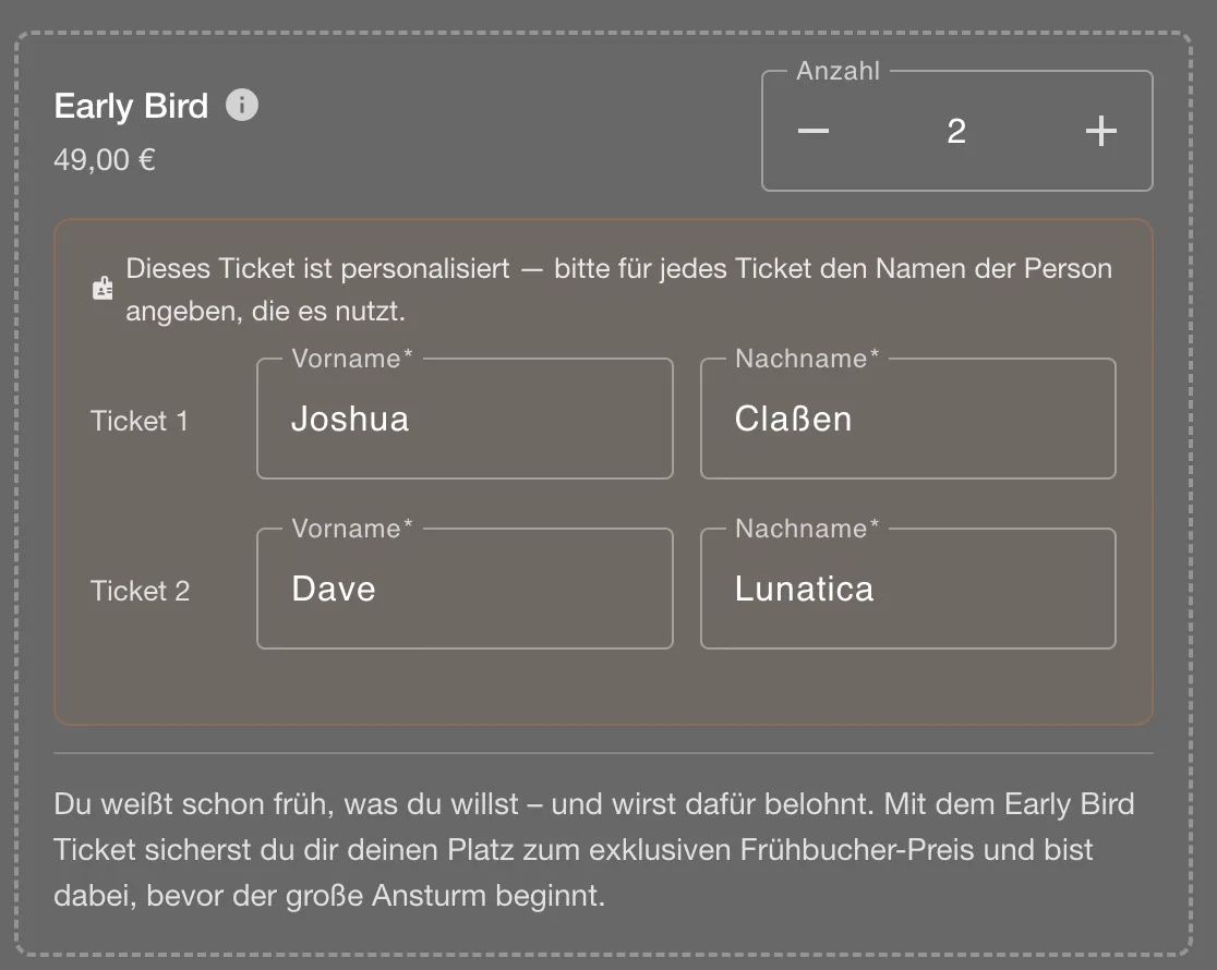 Bestellprozess im Ticketshop mit Eingabefeldern für Vor- und Nachname pro Ticket