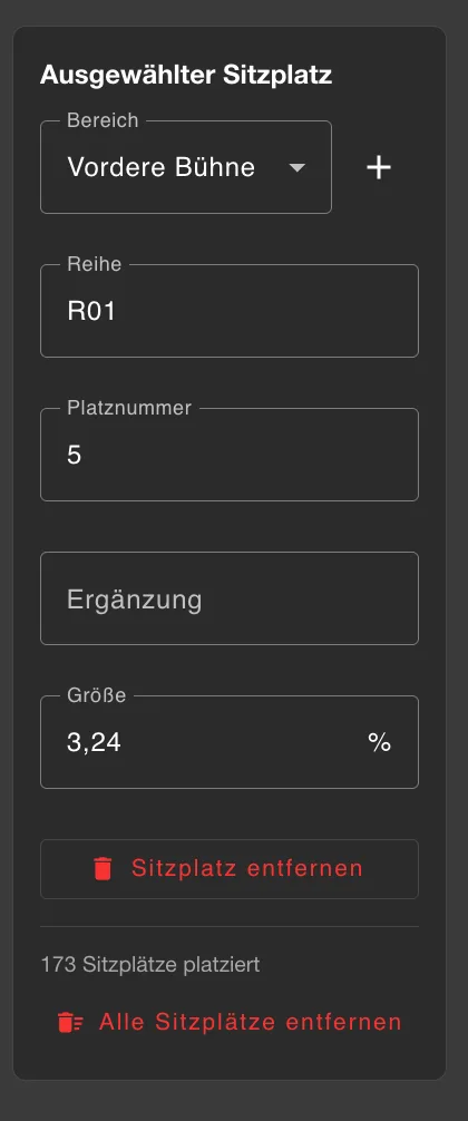 Kontextmenü eines einzelnen Sitzplatzes mit Bereich, Reihe, Platznummer, Ergänzung und Größe