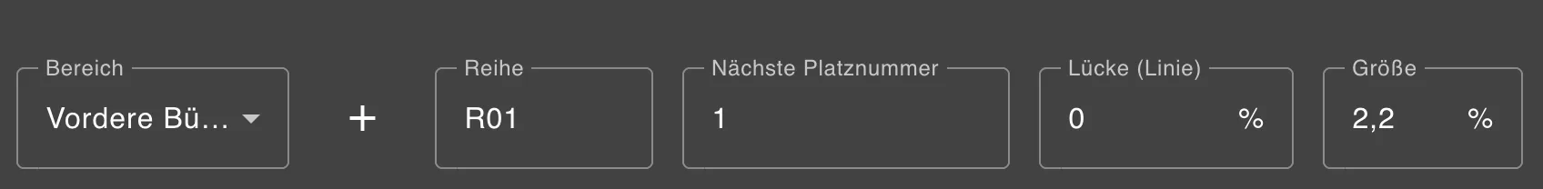 Einstellungen in der Werkzeugleiste: Bereich, Reihe, nächste Platznummer, Lücke und Größe