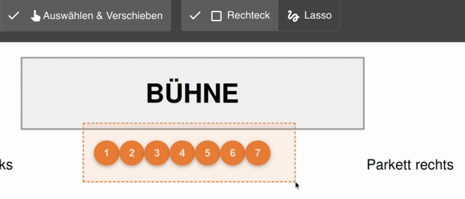 Rechteckauswahl über eine Sitzreihe im Sitzplan-Editor