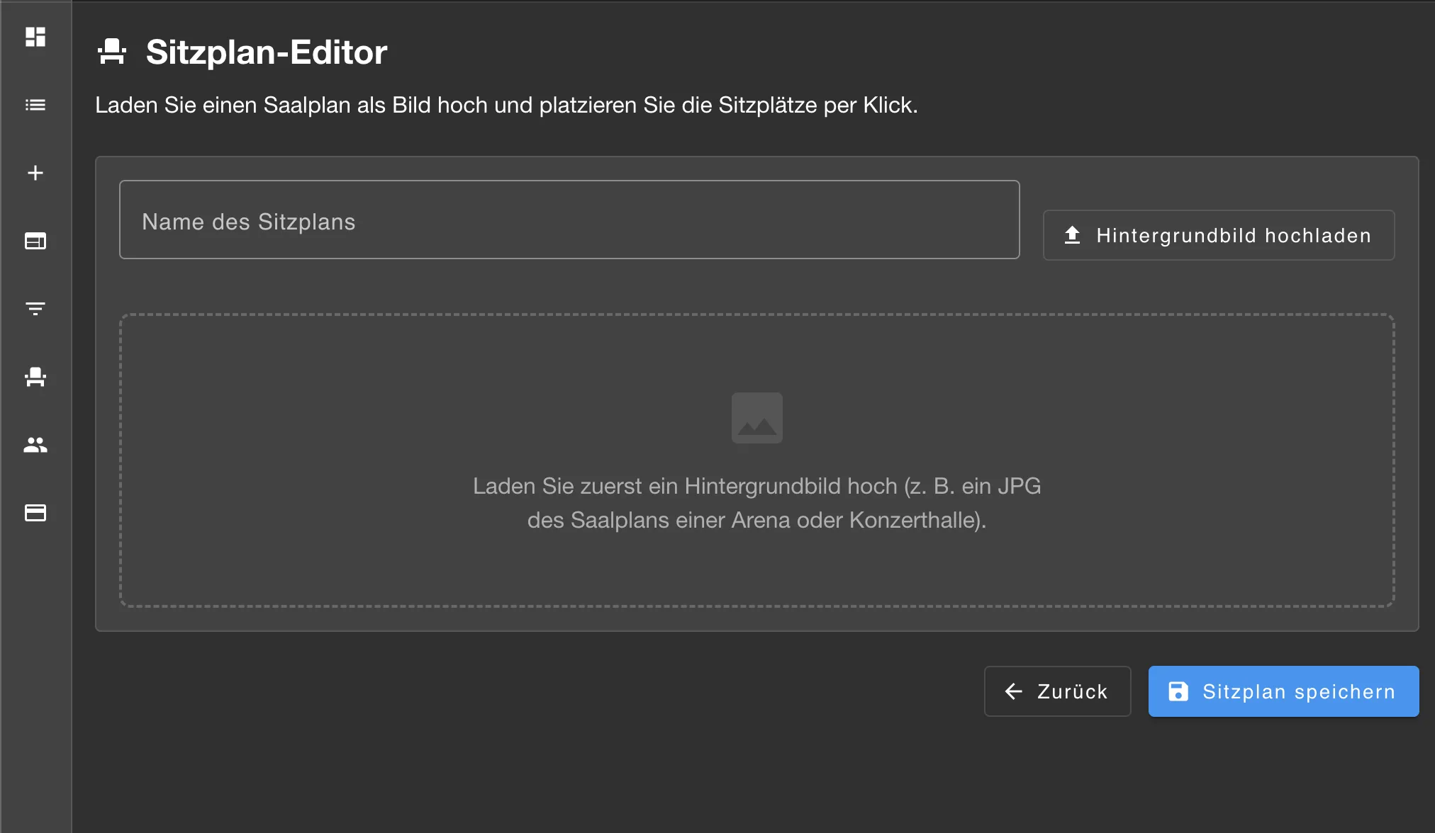 Leerer Sitzplan-Editor mit Namensfeld und Button zum Hochladen eines Hintergrundbilds