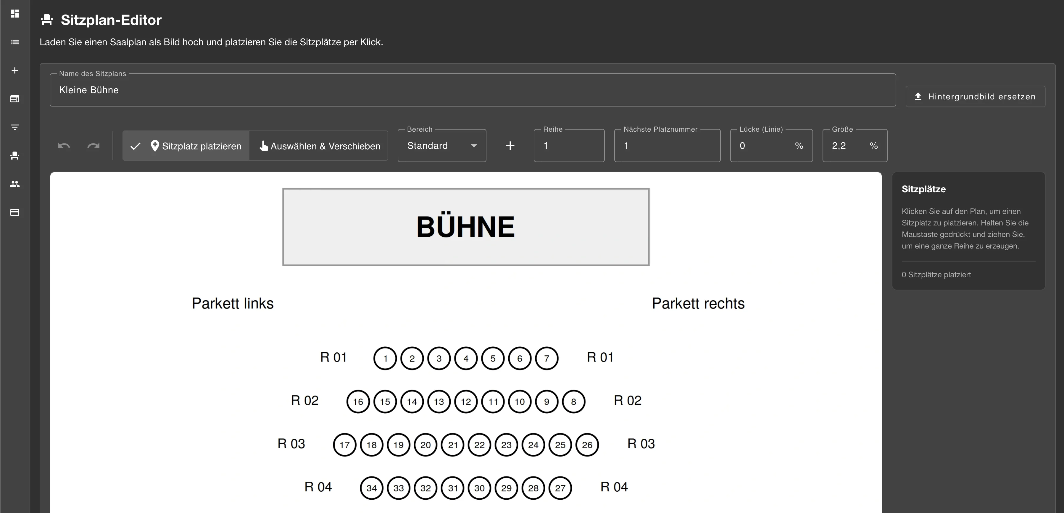 Sitzplan-Editor mit vergebenem Namen und geladenem Saalplan als Hintergrundbild