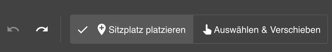 Werkzeugleiste mit den Modi Sitzplatz platzieren und Auswählen & Verschieben sowie Undo- und Redo-Buttons
