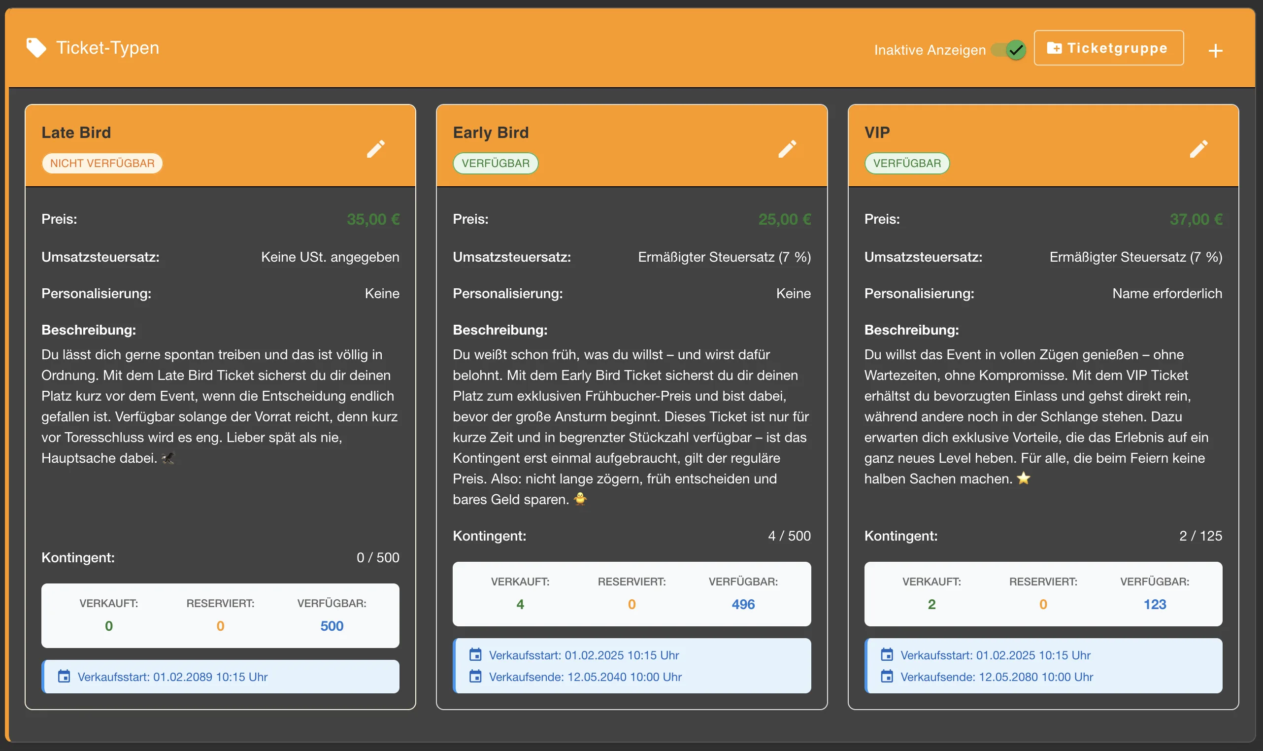 Tickettypen-Übersicht mit Preis, Umsatzsteuer, Personalisierung, Kontingent und Verkaufsstatus pro Ticket