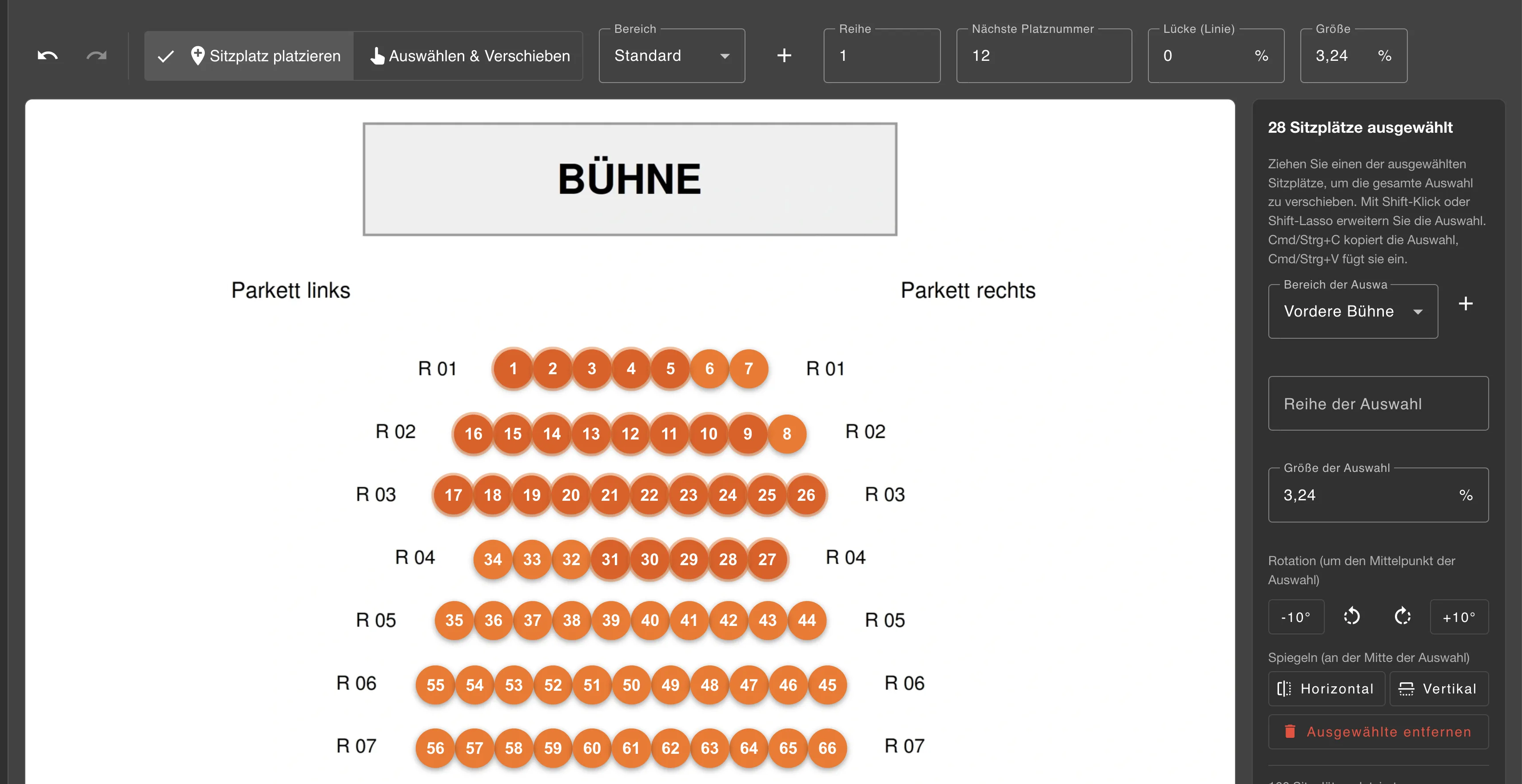 Sitzplan-Editor mit Saalplan, Sitzreihen und Kontextmenü
