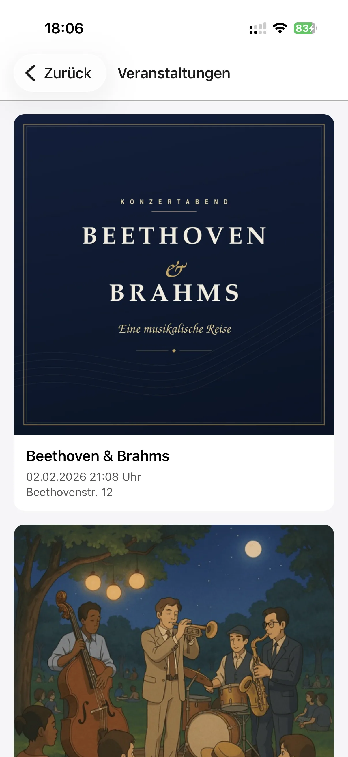 Veranstaltungsübersicht in der EventGig Scan-App mit Veranstaltungsbild, Datum und Adresse