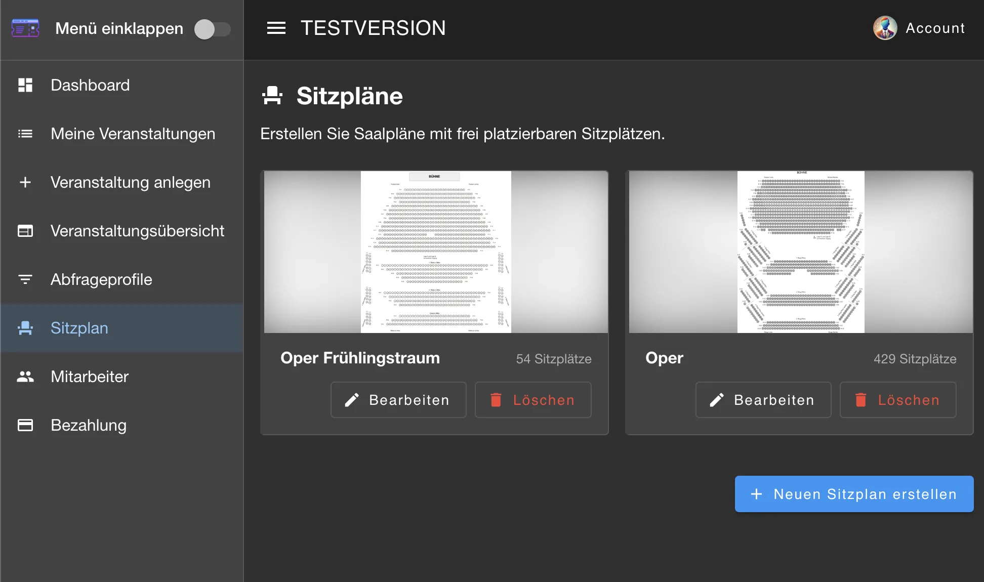 Sitzplan-Übersicht mit angelegten Sitzplänen und dem Button zum Erstellen eines neuen Sitzplans