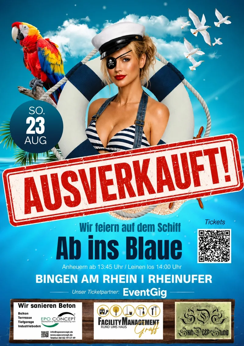 Veranstaltungsplakat von Ab ins Blaue 2026 mit dem Stempel Ausverkauft