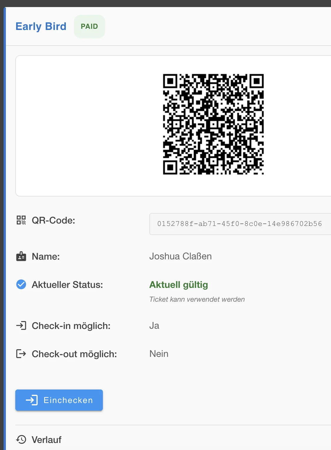 Ticket-Detailansicht mit QR-Code, hinterlegtem Namen und aktuellem Status