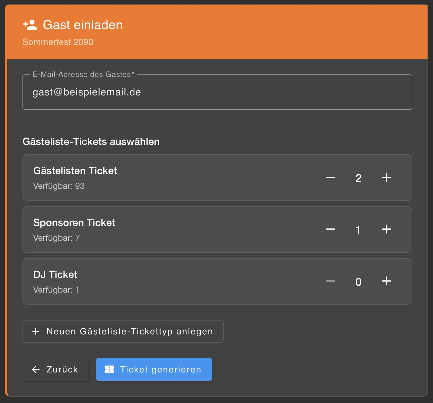 Gast einladen und Tickets auswählen