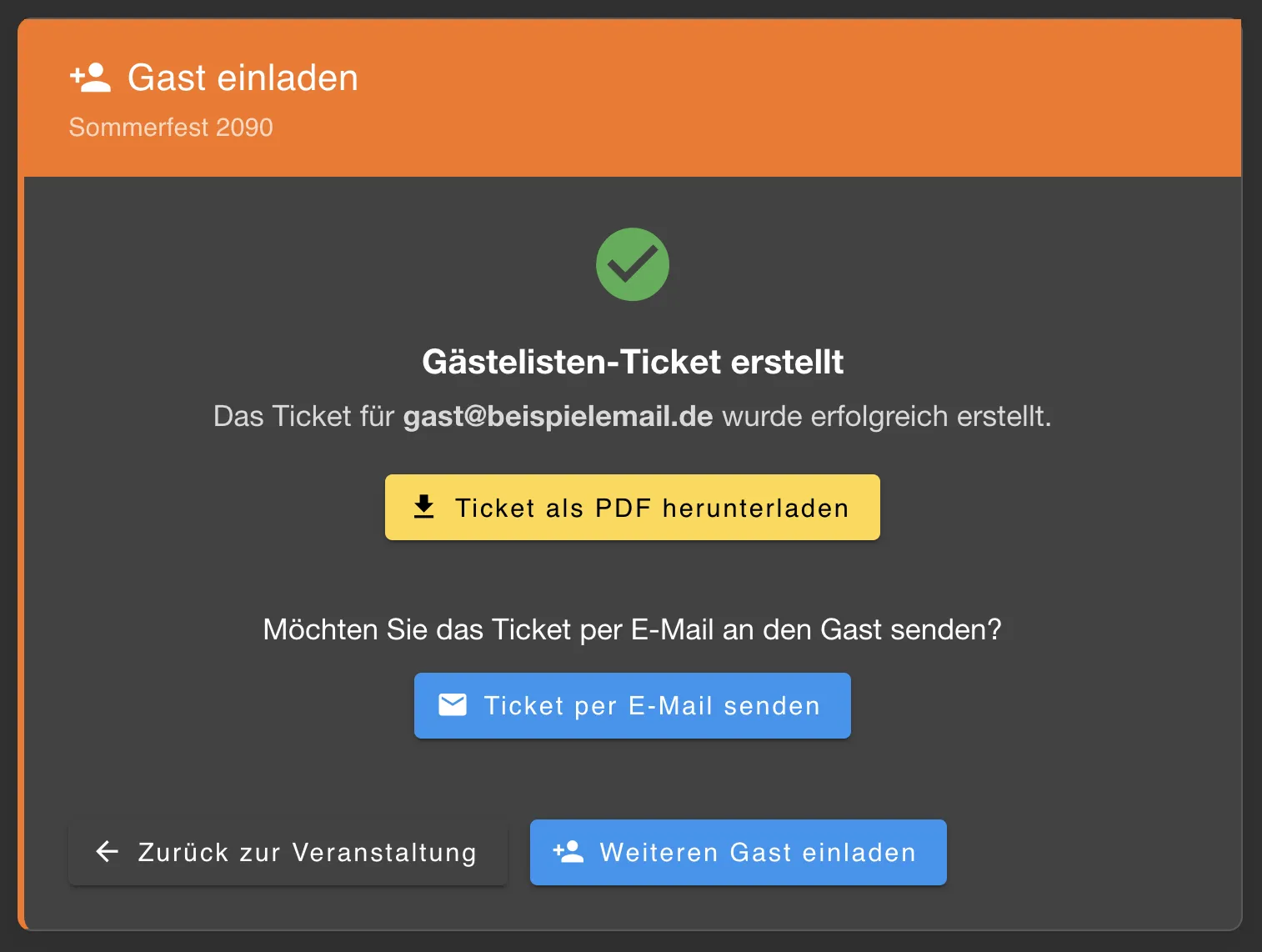 Ticket erstellt, herunterladen oder per E-Mail versenden