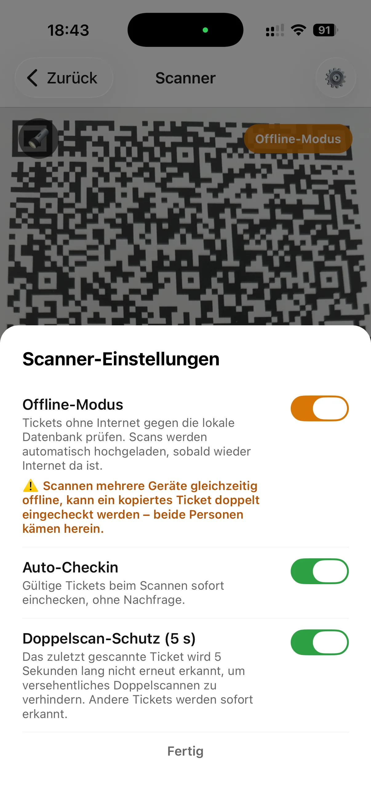 Scanner-Einstellungen der EventGig Scan-App mit Offline-Modus, Auto-Checkin und Doppelscan-Schutz