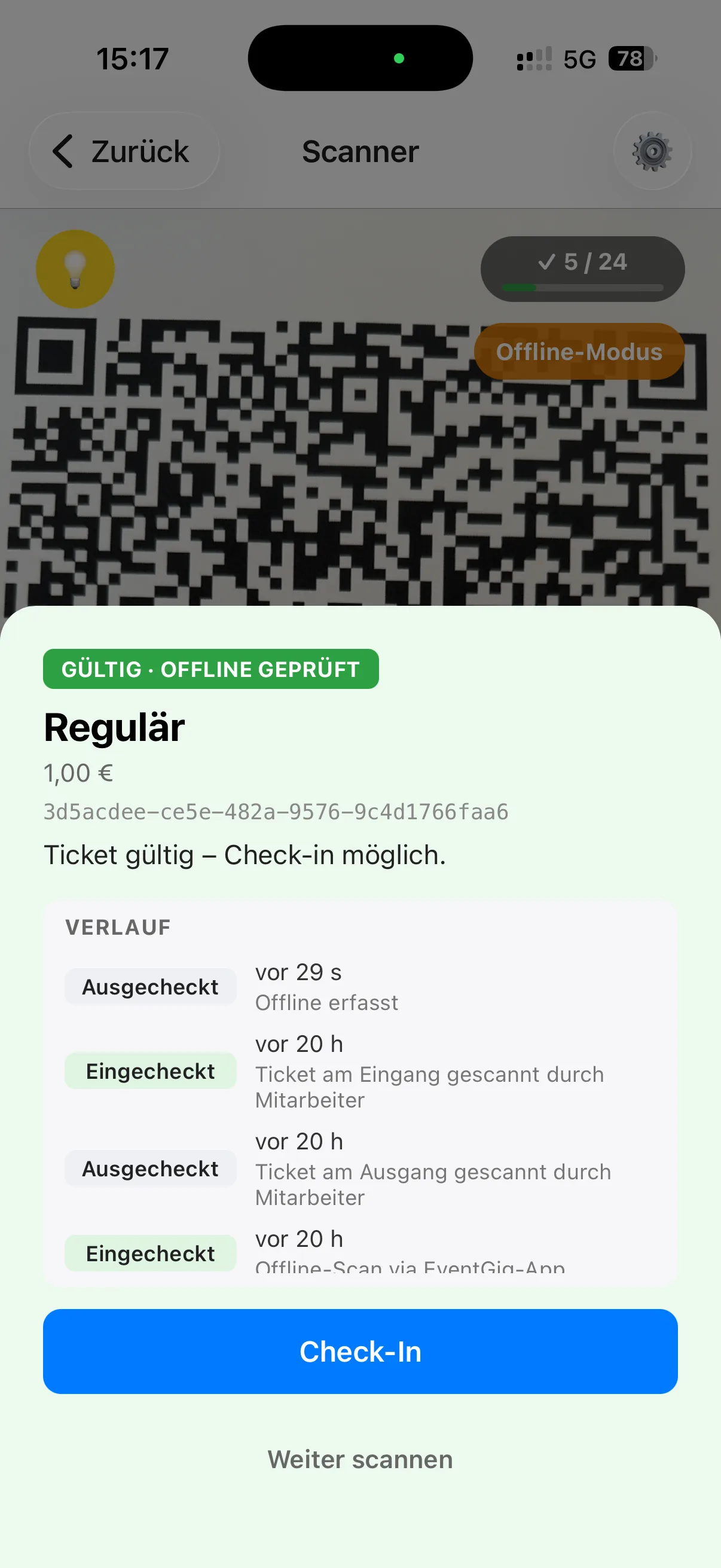 Gültiges Ticket in der EventGig Scan-App mit grüner Bestätigung, Live-Zähler und Scan-Verlauf
