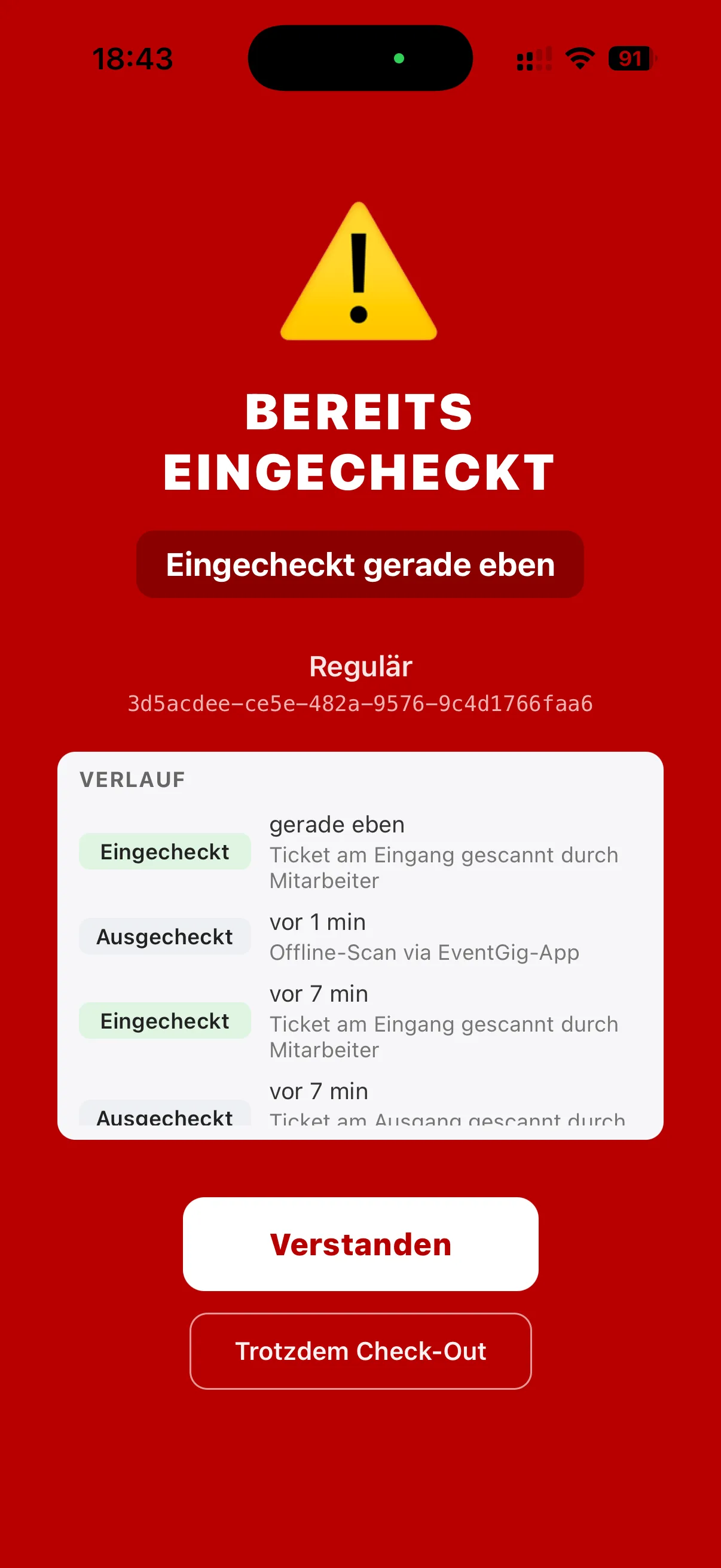 Rote Warnung in der EventGig Scan-App bei einem bereits eingecheckten Ticket