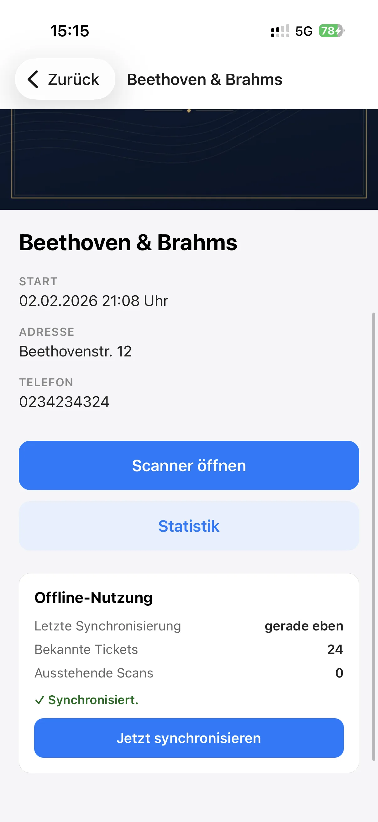 Veranstaltungsdetails in der EventGig Scan-App mit Scanner-Button, Statistik-Button und Offline-Synchronisierung