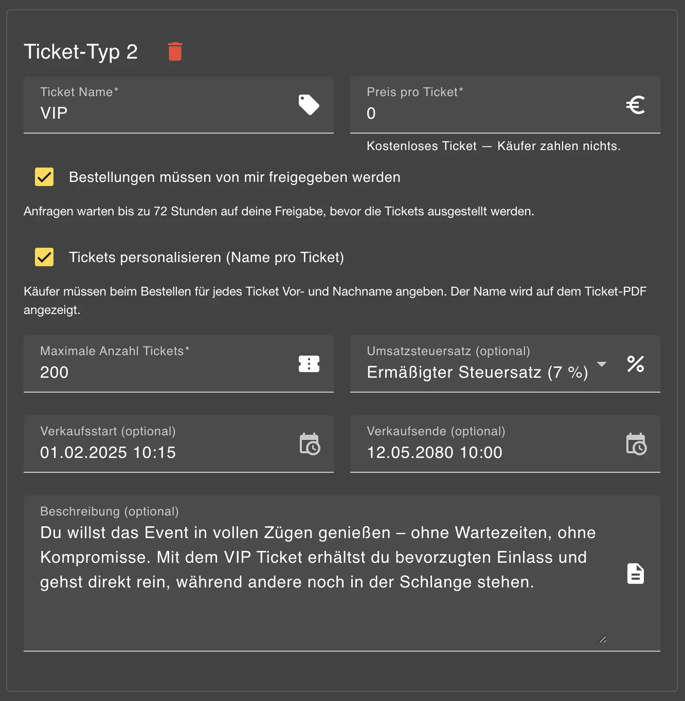 Kostenloser Tickettyp mit Preis 0 Euro, aktivierter Freigabe durch den Veranstalter und Personalisierung