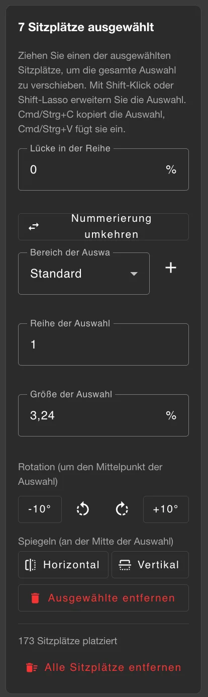 Rechtes Kontextmenü mit Einstellungen zur ausgewählten Sitzreihe wie Lücke, Nummerierung, Bereich, Rotation und Spiegeln
