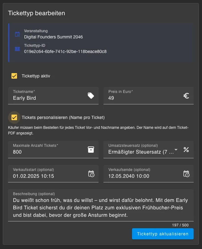 Tickettyp bearbeiten mit Name, Preis, Personalisierung, Kontingent, Gültigkeitszeitraum und Beschreibung
